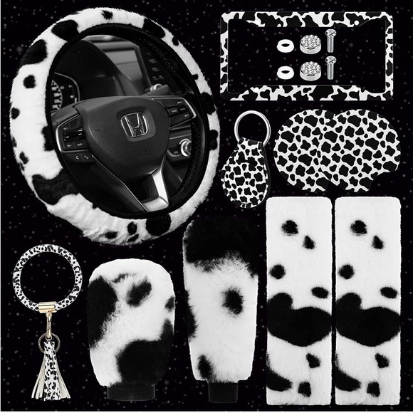 10pc Cow Print Universal Car Interior Decor Accessory Set - Picture 1 of 7